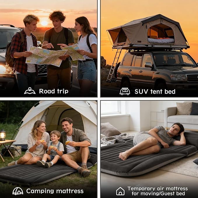 SUV Air Mattress, Double-Sided Thick Flocked Car Air Mattress with Built-in Pump & Pillow, Complete Sleeping Accessories for Auto Camping & Road Trips（Dark Coffee）