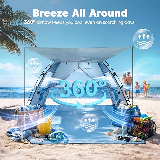 Beach Tent Sun Shelter - 2/3/4 Person UPF 50+ UV Tents with Canopy, Easy Setup Lightweight Beach Shade Tent, Portable Beach Cabana Sun Shade Shelter