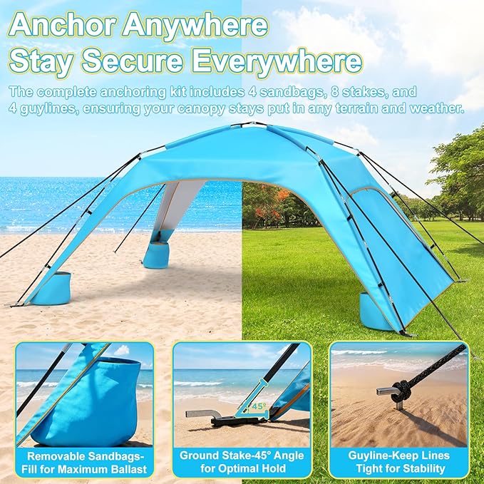 Beach Tent Sun Shelter for 6-8 Person, Beach Sun Shelter with UPF50+ UV Protection, Lightweight and Easy Setup Beach Canopy, Portable Shade Tent for Beach Camping Fishing