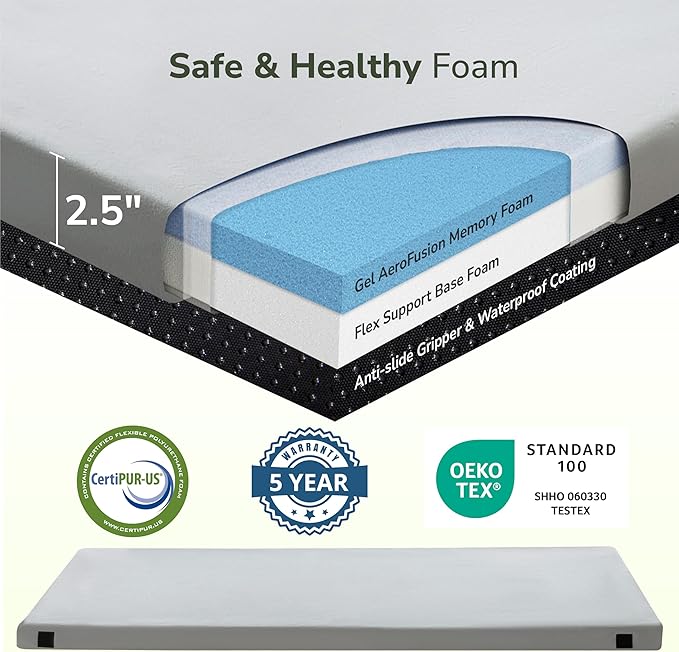 Memory Foam Camping Mattress 2.5 inch, Kids Portable Roll Up Camping Sleep Topper with Waterproof and Non-Slip Bottom, Camping Car Mat with Travel Bag, 63.5"×26.5"×2.5", Grey