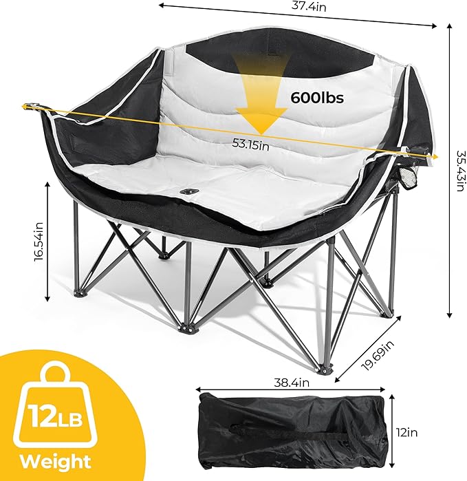 Double Camping Chairs,Oversized Foldable Camping Chairs with Cup Holders Heavy Duty Loveseat Couch for Adults Suitable for Indoor Outdoor Beach Support 600 lbs（Black/White）