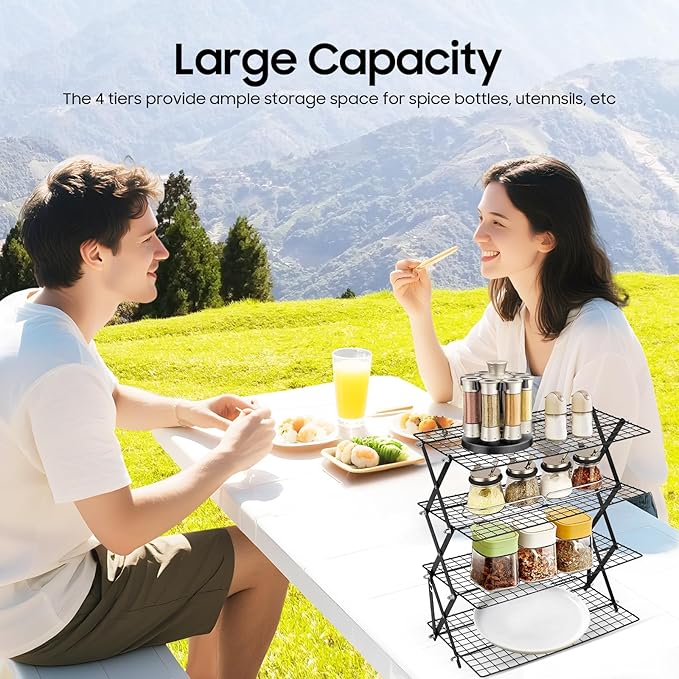 4 Tier Foldable Camping Table, Portable Outdoor Cooling Rack, Tabletop Organizer for Barbecue Picnic Camping, 15.75x9.84in, 22lbs/Tier Load