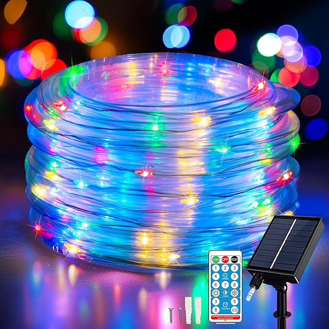 ANJAYLIA 66FT 200 LED Solar Rope Lights Outdoor Waterproof, Solar Powered Rope String Light with 8 Mode & Timer Remote, for Outdoor, Patio, Garden, Camping, Holiday & Christmas Décor Multicolor