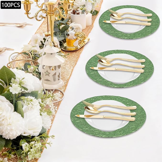 100 Pcs Green Charger Plates Bulk, 13" Antique Round Charger Plates Set, Plastic Embossed Decorative Chargers Floral Dinner Plate for Christmas Wedding Party Event Decor (Green)