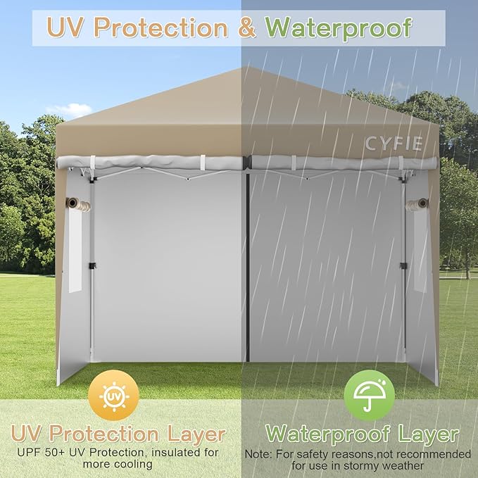 CYFIE 10'x10' Pop Up Canopy Tent with 4 Removable Sidewalls, Portable Instant Commercial Outdoor Canopy Gazebo with Stakes, Ropes, Sandbags for Outdoor Events, Beach, Camping, Vendor Events, Khaki