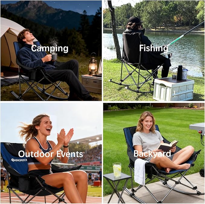KINGROCK Oversized Rocking Camping Chair with Headrest and Carry Bag, 260LBS Capacity Folding Portable Camp Chairs for Adults, Recliner for Outdoor, Beach, Fishing, Travel, Sports Games,Navy Blue