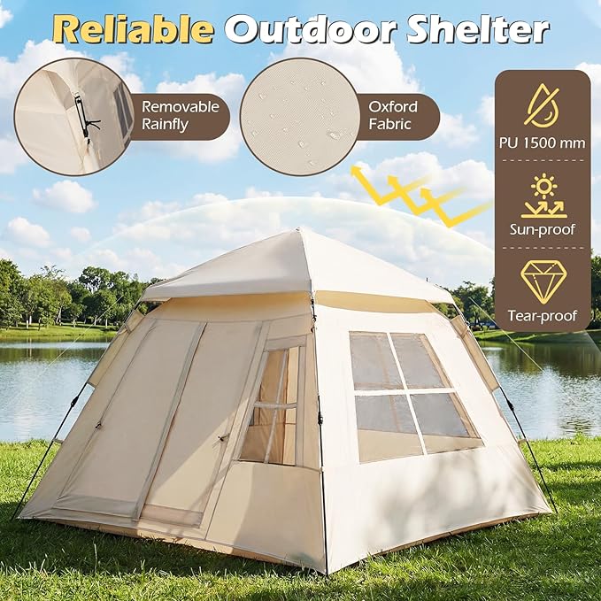 Goplus 4 Person Camping Tent, Portable Automatic Easy Setup Cabin Tent with Rainfly, Mesh Windows, 2 Doors & Carrying Bag, Lightweight Outdoor Sun Shelter for Hiking Traveling Picnic
