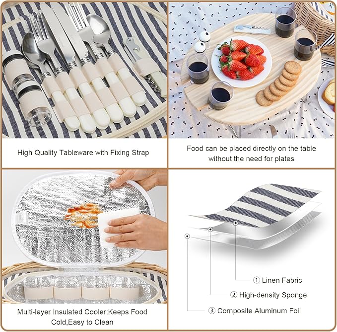 STBoo Picnic Basket for 4, Insulated Wicker Hamper with Folding Table, Willow Picnic Baskets Set with Large Insulated Cooler Bag for Camping Outdoor (Stripe)