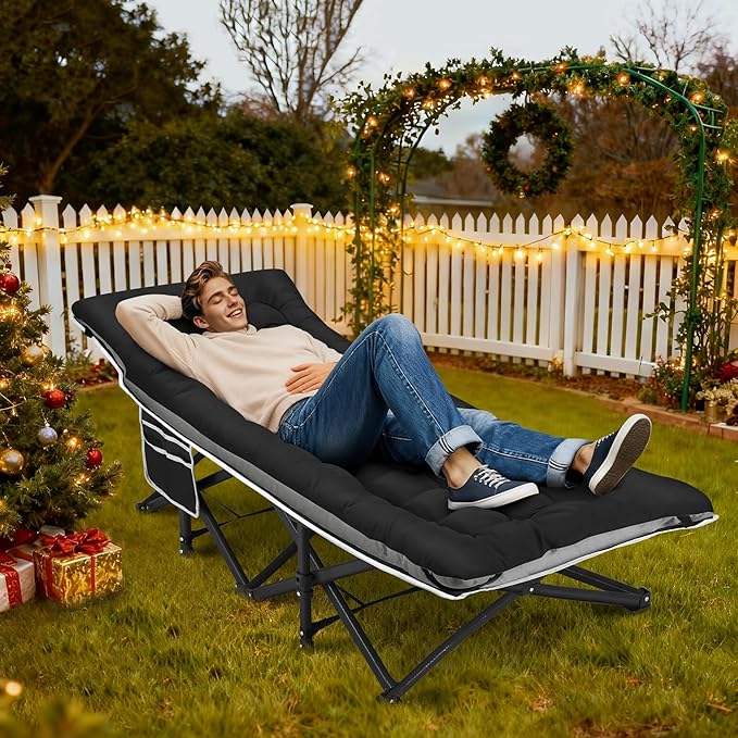 Portable Camping Cot, Sleeping Cots for Adults, 28" Extra Wide Heavy Duty Folding Cot Max Load 600LBS with Thick Mattress, Portable Camping Bed for Outdoor Camp/Office, Home Nap (Black)