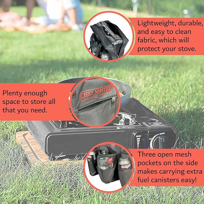 Chef Master Camp Stove Carry Bag - Multi-Pocket for Camp Stove & Butane/Propane Fuel Canisters - Fits Most Portable Gas Stoves - Rugged Camping Accessories - 90800