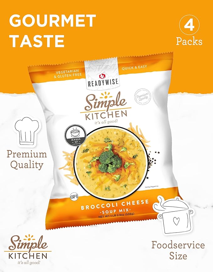 Simple Kitchen Broccoli Cheese Soup Mix - 17 Servings for Meal Prep, Vegetarian, Gluten Free & Freeze Dried Broccoli Cheddar Soup, Canned Food for Camping Meals & Hiking, Survival Kit, Pack of 4