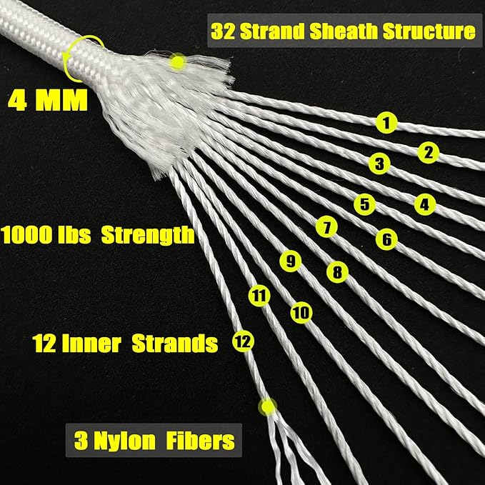 VVAAGG 1000 Paracord Rope, 50ft 12 Strand Parachute Cord for Crafting, DIY Projects, Survival Bracelets, Camping, Tent, Clothsline, Outdoor Hiking, Fishing (White, 50FT)