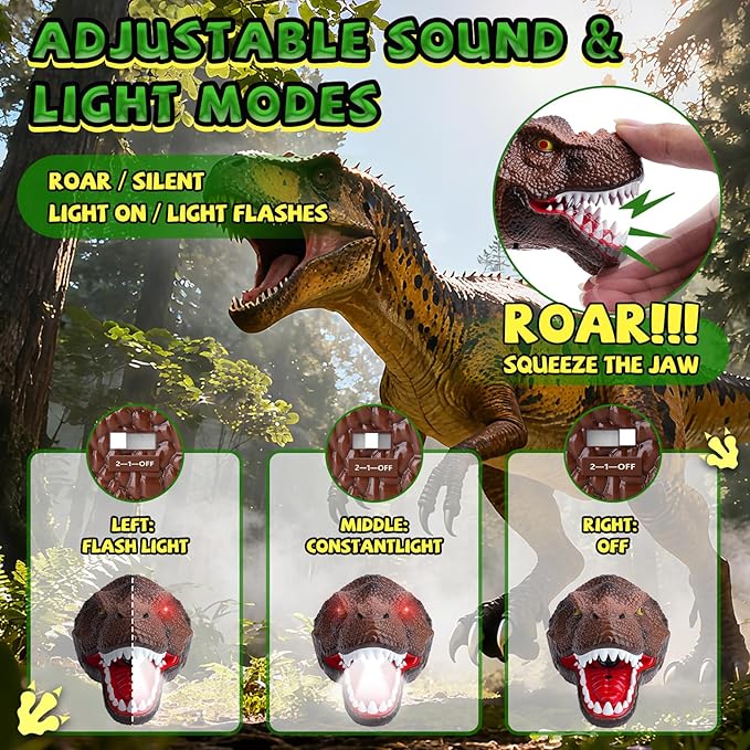 Dinosaur Headlamp for Kids Flashlight Rechargeable Led Headlights Roar & Silent Mode, T-Rex Dinosaur Toys for Kids 3-5 4-6 5-7 6-8, Camping Gear, Easter Gifts for Boys Girls Adults