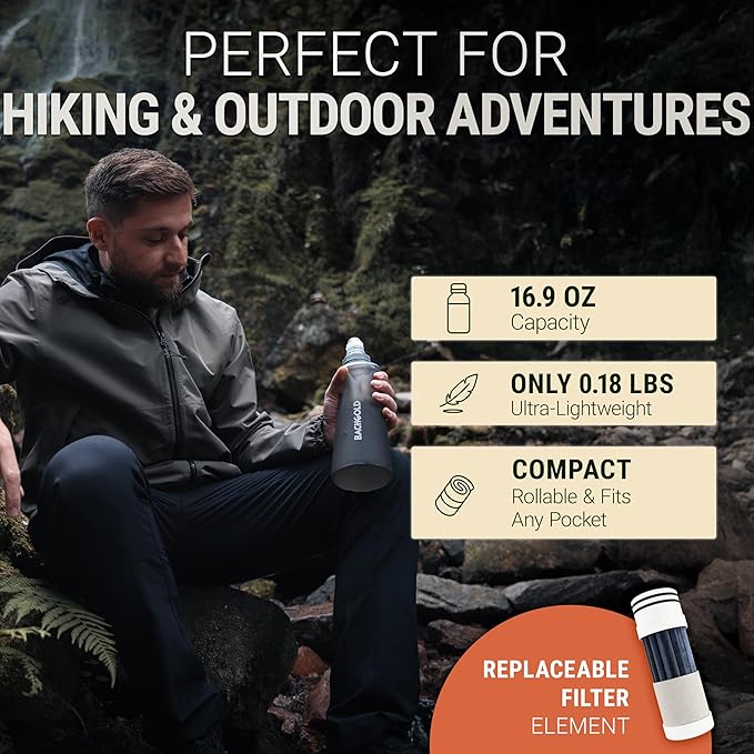 Water Filter Camping – Bachgold Foldable Squeeze Portable Water Filter for Hiking, Backpacking & Emergency Use | Ultralight Outdoor Filtration Bottle, Swiss Design
