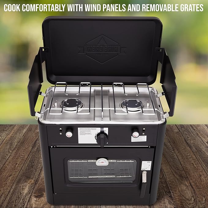 Hike Crew Outdoor Gas Camping Oven w/Carry Bag | CSA Approved Portable Propane-Powered 2-Burner Stove & Auto Ignition, Overheat Safety Shutoff, Built-In Thermometer Hose Regulator Included