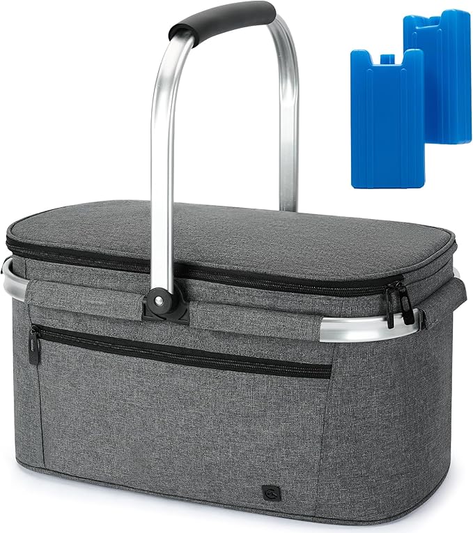 ALLCAMP Picnic Basket - 2 Ice Box Included 32L Insulated Cooler, Thickening Foldable Picnic Basket with Removable Baskets & Sewn-in Frame, Basket for House Warming Gifts New Home(Smoke Gray)