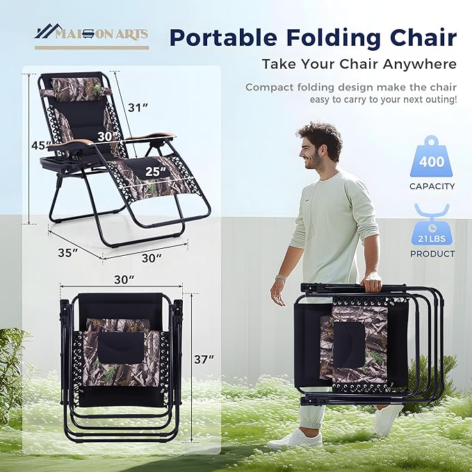 MAISON ARTS Oversized XXL Padded Zero Gravity Lawn Chairs Set of 2 Foldable Recliners Anti Gravity Lounge Chairs 30" Wide Seat Outdoor Camp Chairs for Poolside Yard,Support 400lbs, Camouflage