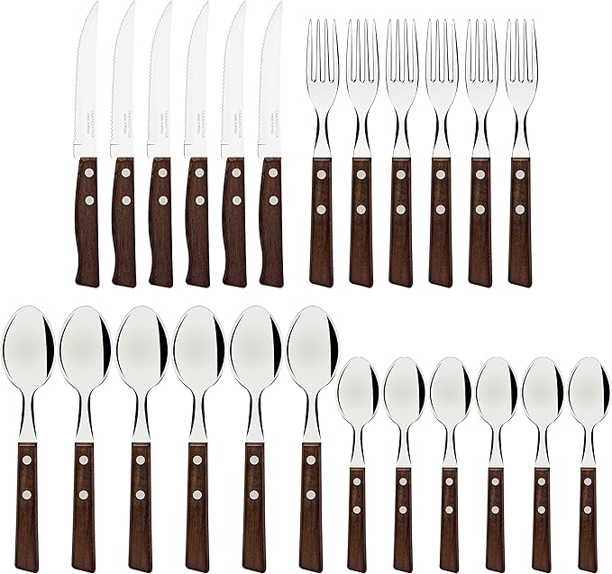 Tramontina Cutlery Set with Steak Knives, 24 Piece Sharp Knife, Forks, Teaspoons, Tablespoons with Wooden Handles, ‎Camping, Kitchen, Rustic, 22299050