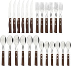 Tramontina Cutlery Set with Steak Knives, 24 Piece Sharp Knife, Forks, Teaspoons, Tablespoons with Wooden Handles, ‎Camping, Kitchen, Rustic, 22299050