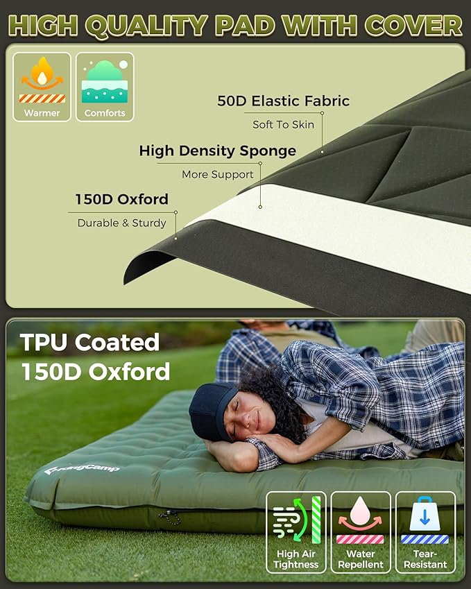 KingCamp Gorgeous Double 6.7" Camping Mattress with Washable Foam Cover, Extra-Thick Full Size Inflable Mattress with Pump Sack, Portable Double Mattress for Camp Outdoor Tent, Car & Guest