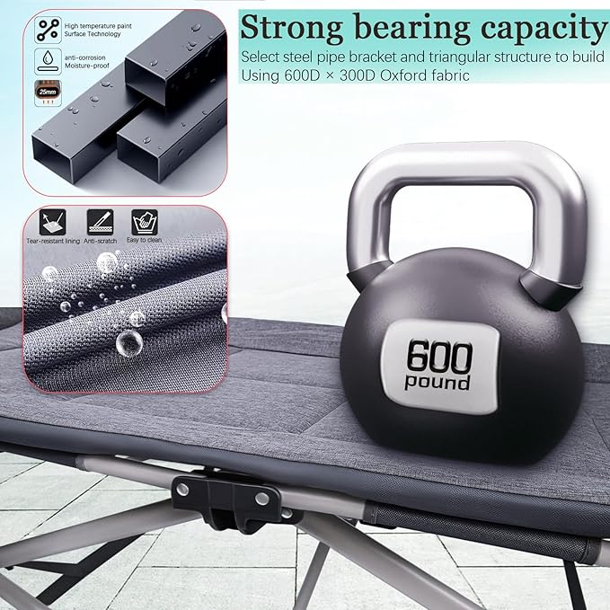 KAKO Folding Camping Cot, Heavy Duty 600 Lbs Portable Bed for Adults, Camping Beds with Carry Bag, Grey