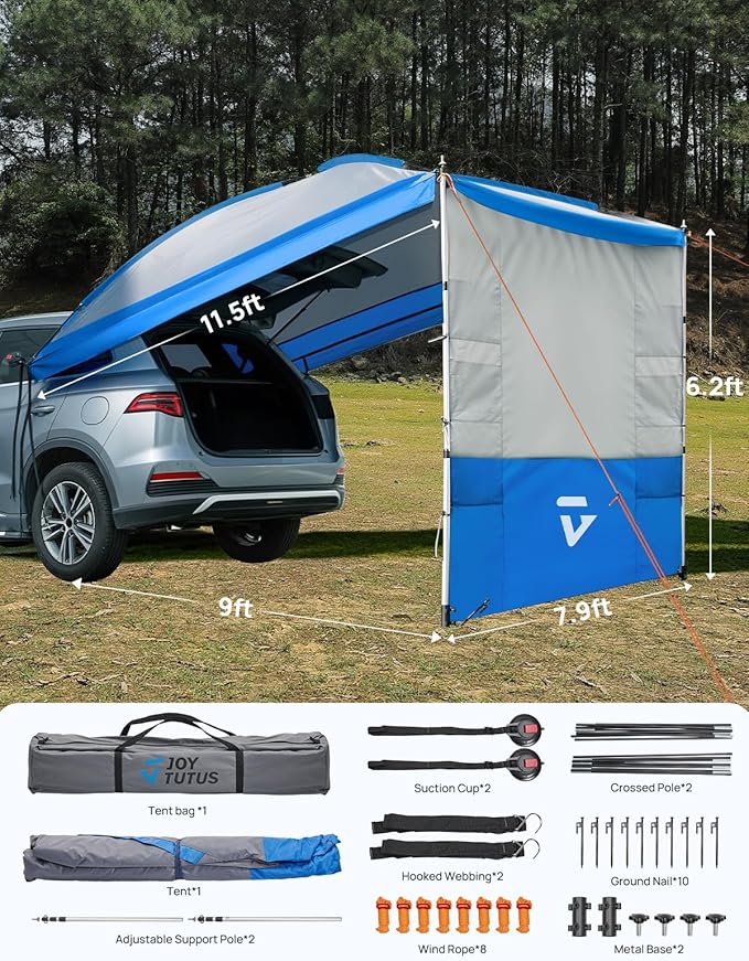 JOYTUTUS Versatile Vehicle Awning with 3 Removable Sides, Large Car Awning 11.5FT * 7.9FT, UV50+ and Waterproof PU2000mm Truck Canopy, SUV Camping Sunshade with 8 Storage Pockets, Gray Blue