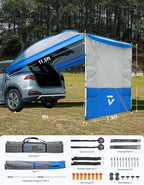 JOYTUTUS Versatile Vehicle Awning with 3 Removable Sides, Large Car Awning 11.5FT * 7.9FT, UV50+ and Waterproof PU2000mm Truck Canopy, SUV Camping Sunshade with 8 Storage Pockets, Gray Blue