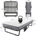 Folding Bed with Memory Foam Mattress, 75" x 38" Cot Size Portable Foldable Bed with Movable Wheels, Space-Saving Sturdy Metal Frame, Twin Rollaway Bed for Adults for Guest Room, Apartment, Camping