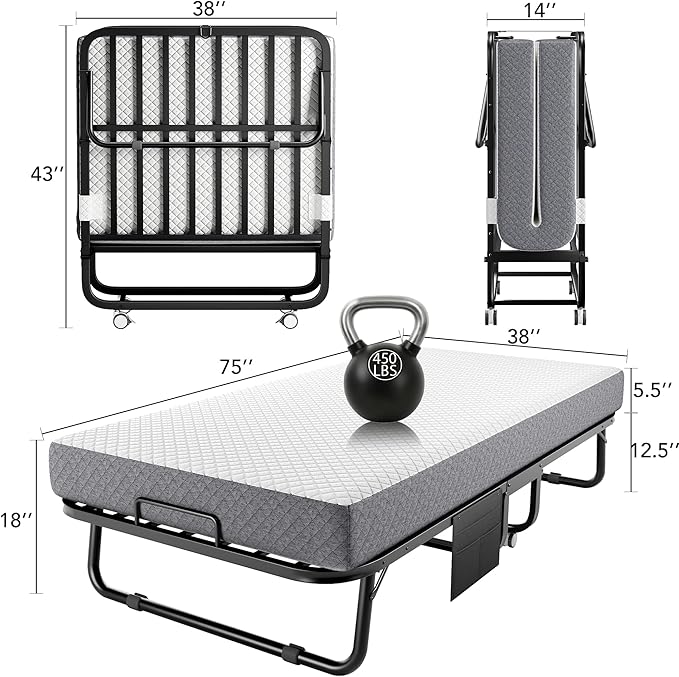 Folding Bed with Memory Foam Mattress, 75" x 38" Cot Size Portable Foldable Bed with Movable Wheels, Space-Saving Sturdy Metal Frame, Twin Rollaway Bed for Adults for Guest Room, Apartment, Camping