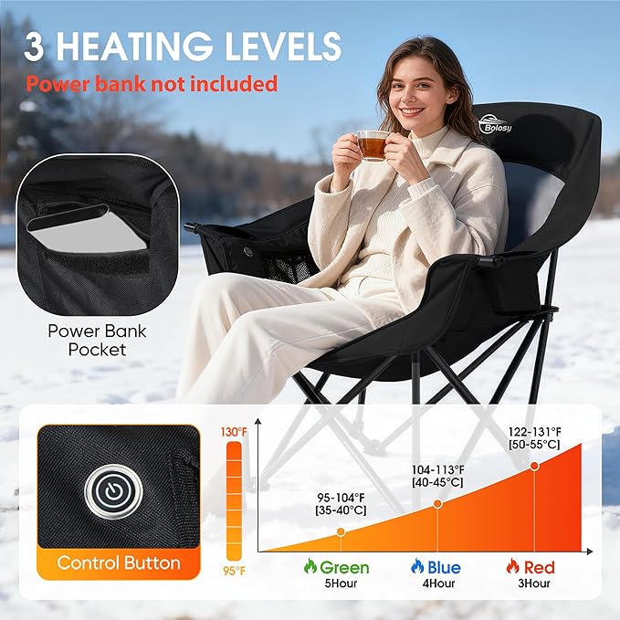Heated Oversized Camping Chair 3 Level Heating Heavy Duty Padded Folding Camping Chairs for Adults with Cup Holder for Outdoor Sports Lawn Garden