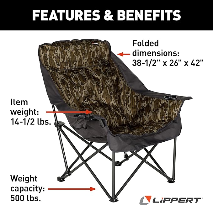Lippert Mossy Oak Original Bottomland Camo Big Bear Padded Camping Chair with 400-lb. Weight Capacity, Durable Mesh Fabrics, Dual Cupholders, Wine Glass Holder, Carrying Bag - 2023053730