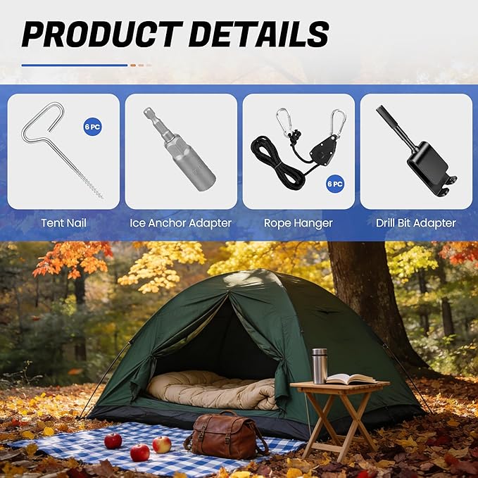 Ice Anchor Tool Kit for Ice Fishing Shelter - 6PC Heavy Duty Ice Tent Shelter Stakes and Drill Bit 1/4" Adapter, Rope Hanger Ice Fishing Tent Accessories