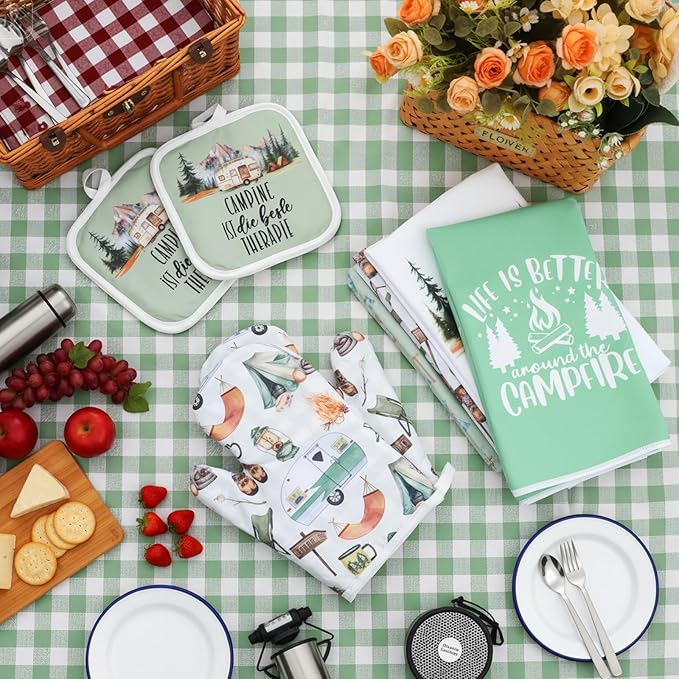 8 Pcs Camping Kitchen Gift Dish Towel Pot Holder Oven Mitt Set 4 Bonfire Tent Car Tea Towels with Funny Sayings Novelty 2 Oven Mitts 2 Pot Holders Camping Accessories Decor for Rv Campers