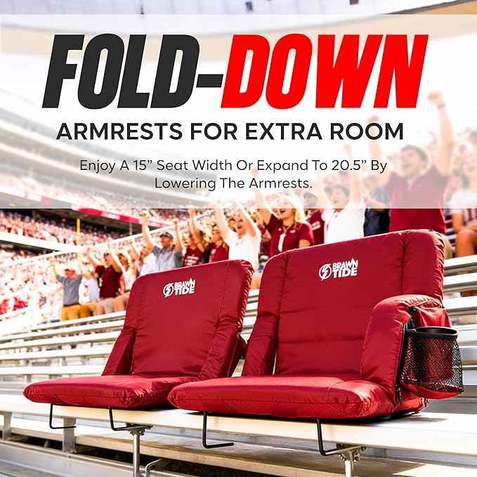 BRAWNTIDE Stadium Seat for Bleachers with Back Support - Wide Padded Reclining Bleacher Seat, Portable Folding Stadium Chair with Armrests, Hooks, Straps, Cup Holders & Pockets for Games & Concerts