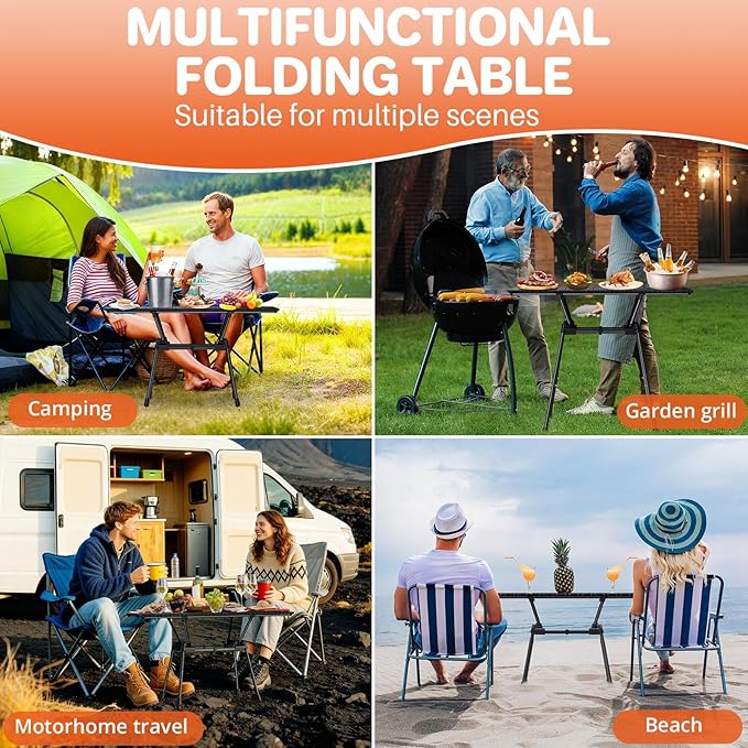 FUNYKICH 3ft Aluminum Roll Up Camping Table(L35''xW16''), 4 Height Adjustable Ultralight Folding Camp Table Up to 28'', Portable Tables with Carry Bag for Camping, Picnic, BBQ, Party, Backyard, Beach