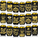 Graduation Can Cooler Sleeves, 18 Pack Black Gold Class of 2026 Neoprene Can Cover 9 Styles of Congrats Grad 12 OZ Drink Beer Soda Beverage for Graduation Party Supplies Gifts