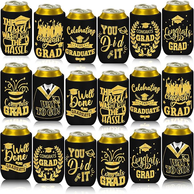 Graduation Can Cooler Sleeves, 18 Pack Black Gold Class of 2026 Neoprene Can Cover 9 Styles of Congrats Grad 12 OZ Drink Beer Soda Beverage for Graduation Party Supplies Gifts