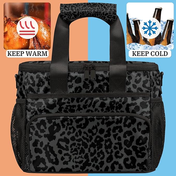 Soft Cooler Bag Black Leopard Print Insulated Lunch Box for Men & Women, Large Leakproof Lunch Bag Portable Beach Cooler for Work, Picnic, Road Trips,Fishing, Travel, Camping