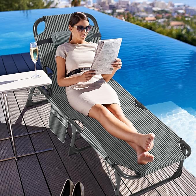 LILYPELLE Folding Outside Chaise Lounge Chair with Mattress, 5 Position Adjustable Patio Folding Lounge Chair Reclining Chairs Perfect for Sunbathing, Camping, Pool, Beach, Patio