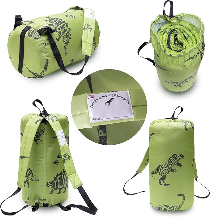 Kids Glow-in-The-Dark Dinosaur Sleeping Bag for Boys Camping Hiking - Machine Washable, Durable, Waterproof, Lightweight - Slumber Bag & Backpack 2 Pc Gift Set - Age 3-10 | 58" L X 27" W