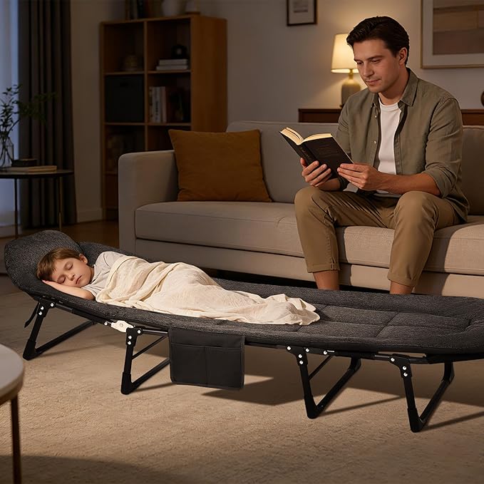 Garvee 75" Portable Folding Bed with Cushion and Pillow, Camping Cot for Adults with Supports 500 Lbs, Lightweight Tent Cot for Patio Beach Indoor Outdoor, Black
