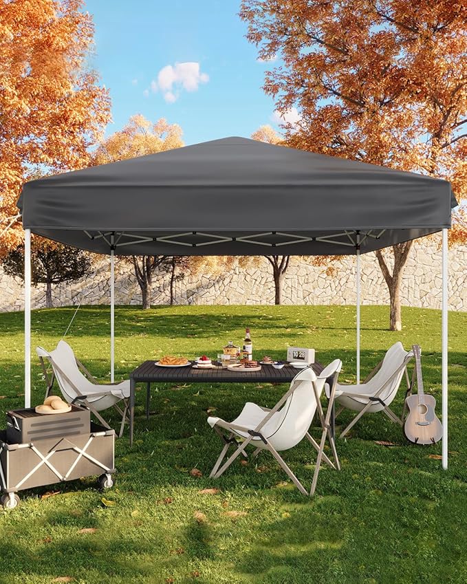 10x10 Pop Up Canopy Tent, Easy Up Canopy with 3 Adjustable Height, Outdoor Sun Shade with 4 Sandbags & Carrying Bag for Camping, Parties,Outdoor Events-Grey