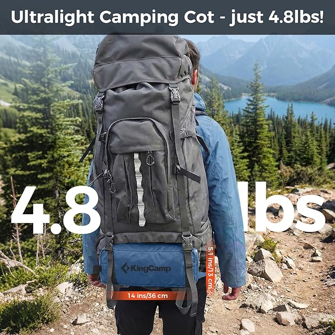 KingCamp Ultralight Camping Cot, Portable Folding Tent Camping Cot, 265 Lbs Heavy Duty Sleeping Cot with Pillow for Adults Outdoor Backpacking Travel Hiking, Blue/Black