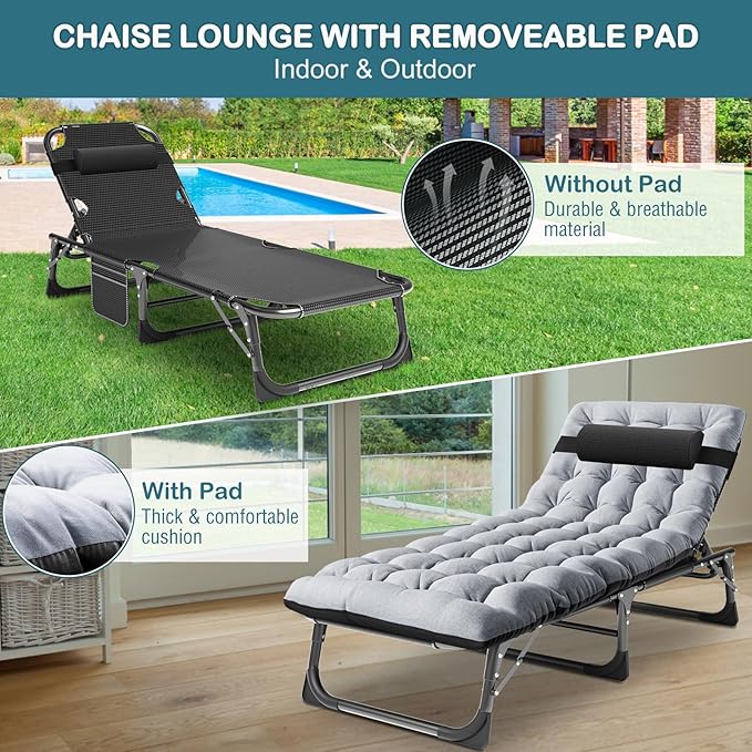 NAIZEA Folding Camping Cot W/Mat for Adults, Adjustable Lounge Chair Outdoor, Heavy Duty Sleeping Cot Bed, Travel Camp Cots for Pool, Beach, Patio Sunbathing