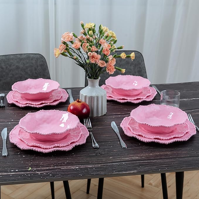 12 pcs Melamine Dinnerware Set, Elegant Scalloped Rim With Beaded Serving Plates and Bowls Sets of 4, Pearl Design Kitchen Dishes Dinner Set.Perfect for Girl's and Women's Parties,Gathering