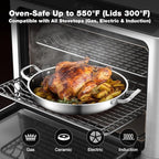 Tri-Ply Stainless Steel Paella Pan Large Saute Pan with Lid (Stainless Steel, Hybrid 12INCH)