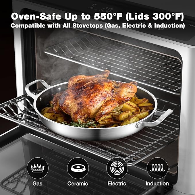 Tri-Ply Stainless Steel Paella Pan Large Saute Pan with Lid (Stainless Steel, Hybrid 12INCH)