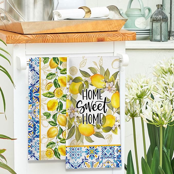 Lemon Kitchen Towels, Lemon Mediterranean Dish Towels Set of 2, Farmhouse Home Sweet Home Kitchen Decor, Summer Yellow Decorative Hand Tea Towels for Housewarming (18x26 Inches)