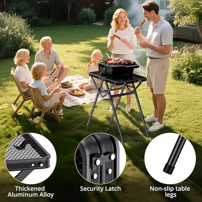 Anbte 2ft Folding Grill Table, Supports 180 Lbs, 2 Adjustable Height 28” Portable Grill Table Heat-Resistant Tabletop, Folding Metal Table for Camping BBQ Cooking Backyard Outdoor, 24" X 16", Black