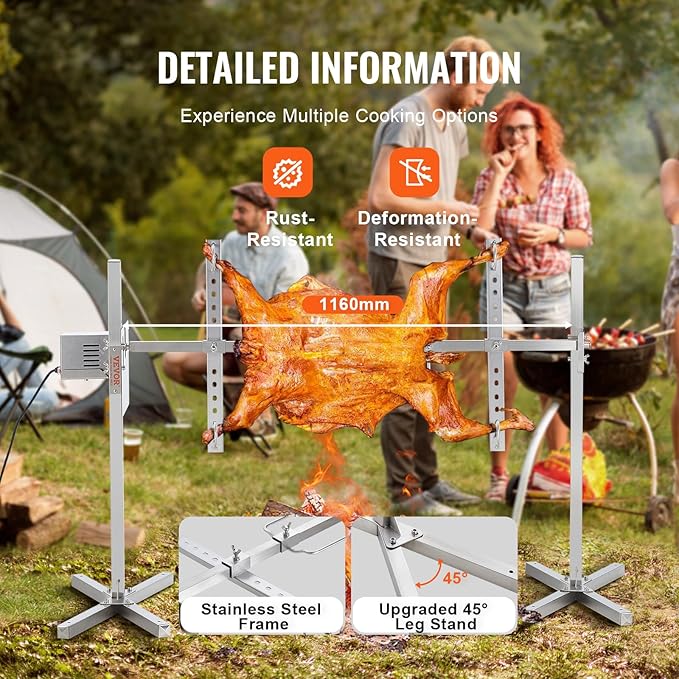 VEVOR Electric BBQ Rotisserie Grill Kit, 52 Inch 88 lbs Capacity, Automatic 38W Motor Height Adjustable Universal Roaster Stand, Stainless Steel Grilling Kit, Spit Rod with Heat Shield for Pig Lamb